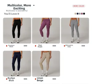 Five colors of high-waisted yoga leggings shown with sneakers in a studio setting