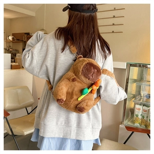 Detailed view of Capybara plush backpack with cute flower decoration on a model back