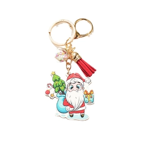 Cartoon Santa Claus acrylic keychain with a red tassel and festive sequins gold metal ring