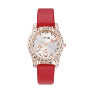 Montre Amadi pour femme avec bracelet en cuir rouge et lunette en strass