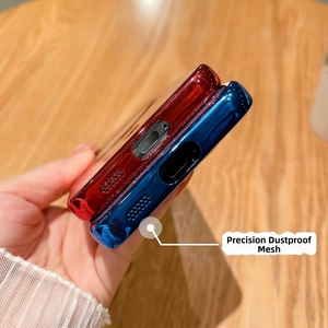 Detail of red and blue plating cases showing precision dust-proof mesh for Samsung S23