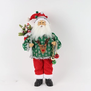 Classic plush Santa Claus ornament with snowflake sweater and gift bag for Christmas decor