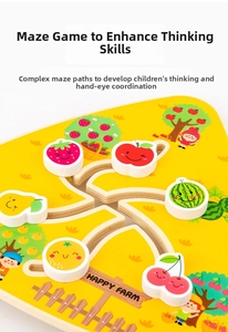Detail of wooden fruit maze puzzle toy showing colorful sliders on the Happy Farm board