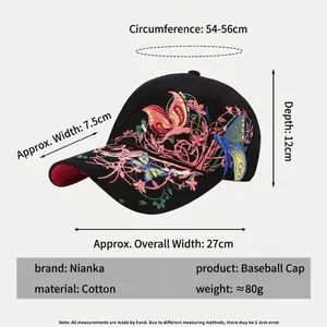 Berretto da baseball in cotone da donna con ricamo farfalla e specifiche delle dimensioni