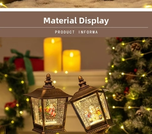 Close-up of vintage bronze Christmas lanterns with Santa and Snowman scenes inside