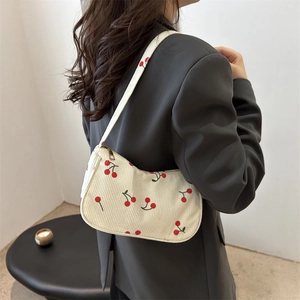Women Corduroy Cherry Print Underarm Bag Retro Aesthetic Baguette Shoulder Handbag Zipper Small Purse