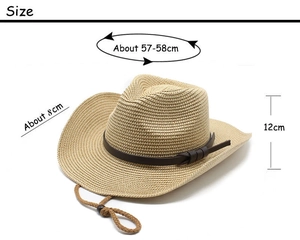 Detailed size guide of straw cowboy hat with leather band and adjustable chin strap