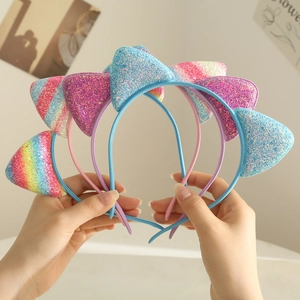 Kids rainbow glitter cat ear headbands with sparkling sequins in candy colors for girls