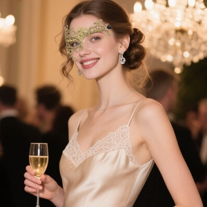 Detailed view of elegant gold lace eye mask on a model at a festive masquerade party