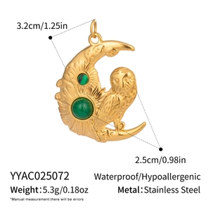 Detailed view of golden moon and owl pendant with precise size and weight measurements