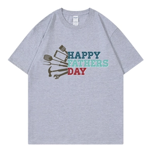 Grey cotton T-shirt with Happy Father's Day print and barbecue icons for men