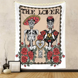 Close-up of Bohemian The Lover skeleton tapestry hanging on a wall with cozy ambient lighting