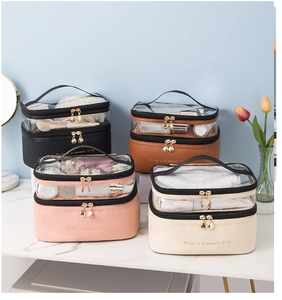 Waterproof double-layer travel toiletry bags in PU and clear PVC in four soft colors