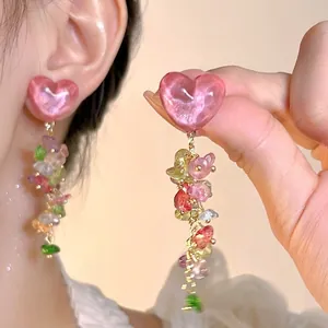 Elegant pink heart earrings with multi-color beads and gold fringe tassels for women