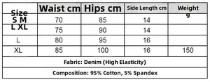 Größentabelle für tief sitzende Denim-Shorts mit Maßen für S bis XL und Materialdetails
