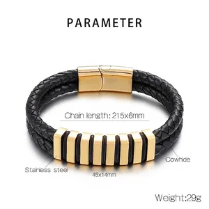 Men's double-layered black leather woven bracelet with golden stainless magnetic clasp