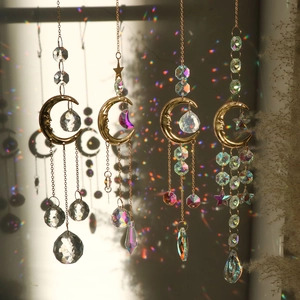 K9 Crystal Suncatcher Moon Star Smiley Sun Golden Metal Prism Window Hanging Rainbow Maker Home Garden Decor