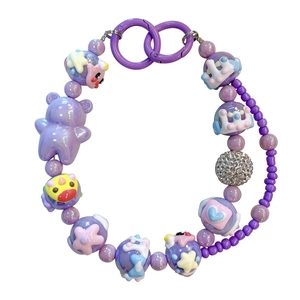 Handmade purple beaded bear phone lanyard and cute keychain bag charm with rhinestone bead