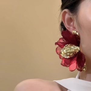 Elegant large red chiffon flower earrings with gold metal accents for women