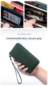 Detail of dark green leather wallet with multiple card slots and secure zip pocket