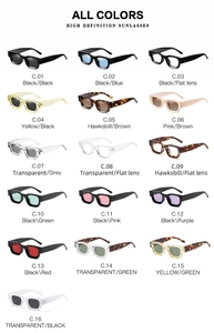 Grid display of 16 retro square sunglasses in various frame colors and lens tints