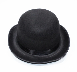 Overhead view of a black felt bowler hat with a satin ribbon and curved brim