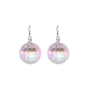 Retro disco ball earrings with holographic reflective surface and silver ear hooks