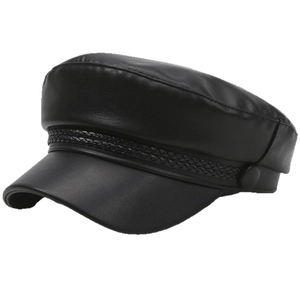Classic black PU leather baker boy hat with braided rope trim and vintage flat top design