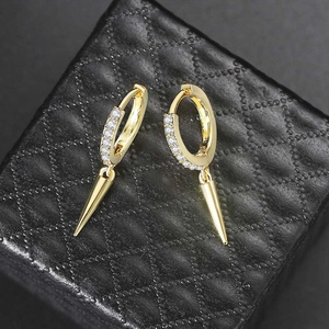 Gold plated hoop earrings with triangular cone pendants and white cubic zirconia accents