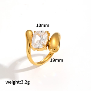 Detailed view of gold stainless steel ring with 10mm rectangular zircon and measurements