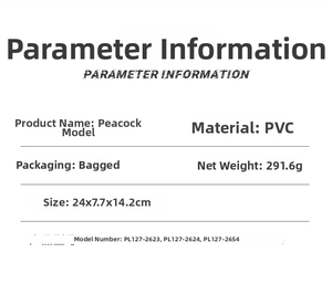 Detailed specifications for peacock model including PVC material, weight, and dimensions