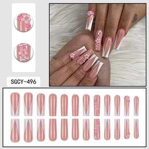 Pink French ballerina press-on nails set with 3D flowers and pearl decorations