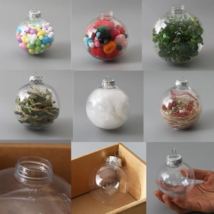 DIY 6cm transparent plastic bulb ornaments filled with feathers, plants, and colorful foam