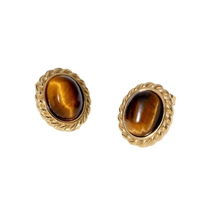 Retro golden stainless steel stud earrings with oval tiger eye stone inlay for women