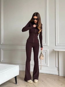Completi Cardigan In Maglia A Costine E Pantaloni A Gamba Larga Da Donna Zip Manica Lunga Casual Streetwear