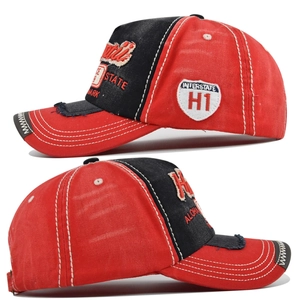 Detail view of American vintage baseball cap with embroidery and distressed finish