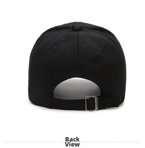 Detail of black cotton baseball cap back with adjustable silver metal buckle