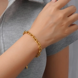Bracelet à maillons en fer à cheval doré poli pour hommes et femmes, design ovale