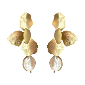 Elegant matte gold flower earrings with Baroque pearl drops on a clean white background