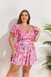 Detail of plus size tropical print swimwear with V-neck and ruffled sleeve design