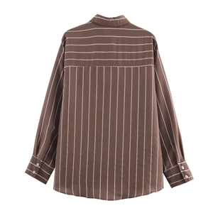 Classic brown striped long sleeve button shirt for women with back view display