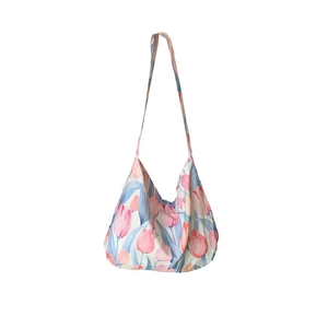 Large capacity canvas shoulder bag with pink and blue tulip floral print for women