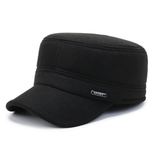 Men's winter black flat top cap with sport metal tag and fleece lining for warmth