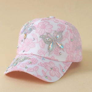 Women Lace Floral Baseball Cap Rhinestone Butterfly Breathable Sunshade Peaked Hat Adjustable Fashion Streetwear
