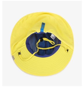 Detail of kids sun hat featuring breathable mesh lining, windproof rope and fine stitching