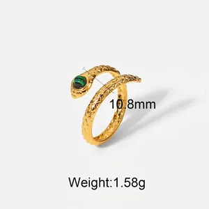Golden snake-shaped open ring with green malachite gemstone and scale texture
