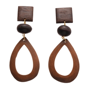 Vintage geometric wooden drop earrings with square and hollow teardrop shapes in dark brown