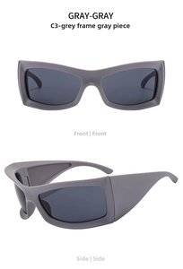 Futuristic matte grey sports sunglasses with dark lenses from front and side view angles