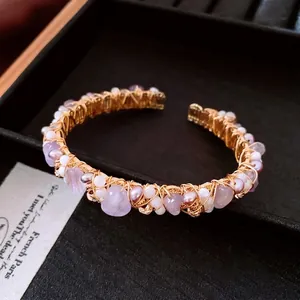 18K gold plated bangle with purple amethyst, pearls and vintage wire wrap design