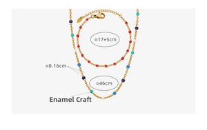 Detail showing gold titanium necklace and bracelet set with colorful enamel beads
